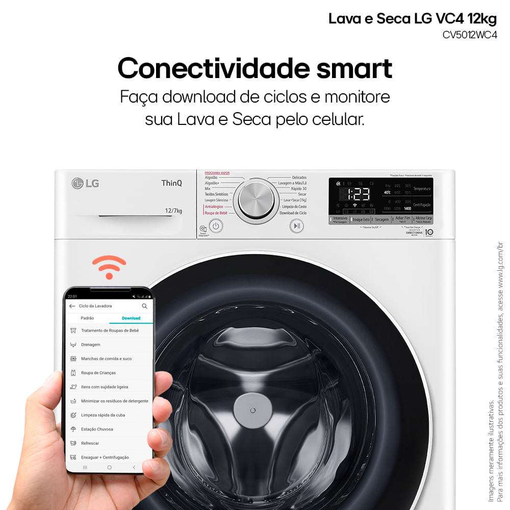 Lava e Seca LG 12Kg Smart com Inteligência Artificial AIDD Branca VC4 CV5012WC4A - 220 Volts